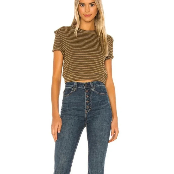 NWOT FREE PEOPLE SABRINA TOP - SIZE X-SMALL - COLOR : MOSS - STRIPPED - CROPPED - Picture 4 of 8